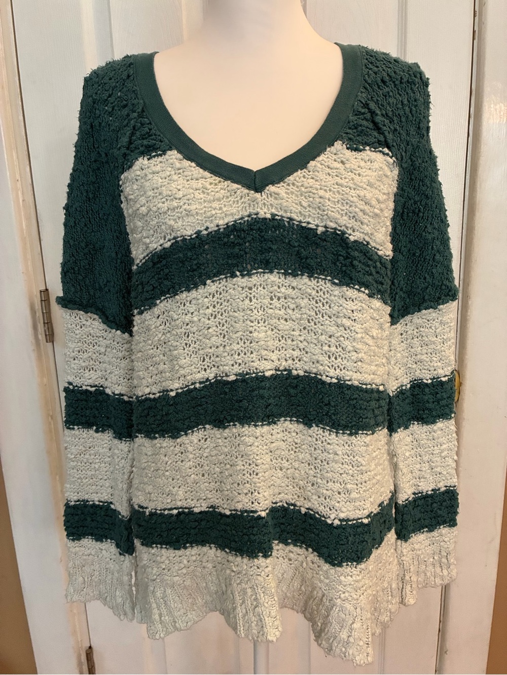 Free People Songbird Striped Boucle Knit V-Neck Sweater Green Cream Size S